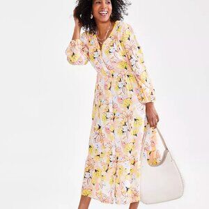 Style & Co Linen Blend Printed Tiered Midi Dress Button Up Floral Yellow 20 NWT